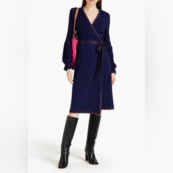 Diane von Furstenberg Pola Wool-Blend Wrap Dress Navy Glitter Size Large - Picture 1 of 9
